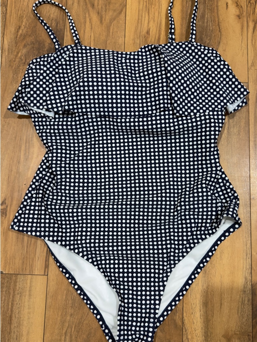 Kona Sol Bandeau Flounce High Coverage One Piece Swimsuit Navy Polka Dot Size L